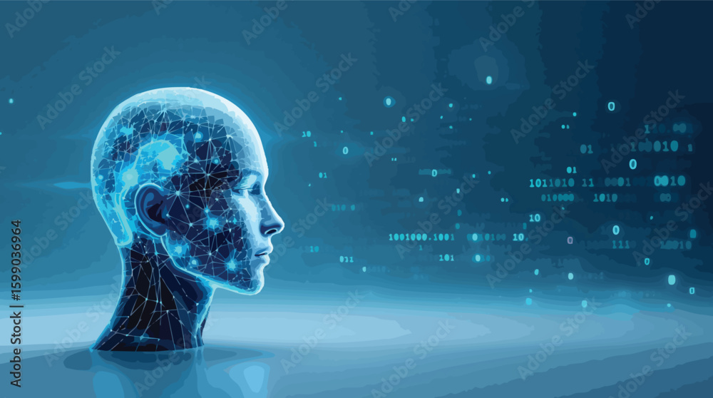 Poster futuristic digital human head depicting artificial intelligence with binary code background.