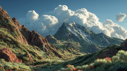 Obraz premium A vibrant mountain range under a serene cloudy sky, evoking a sense of peace