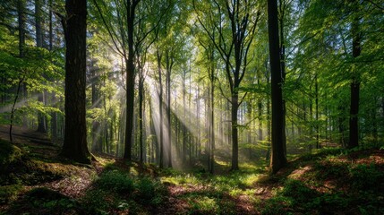 Obraz premium Sunbeams Dancing Through the Emerald Canopy: A Serene Forest Escape