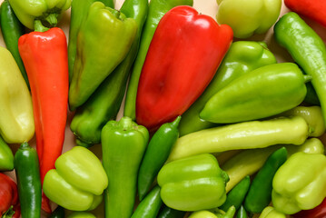 Texture of different fresh peppers, closeup