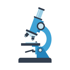 A blue microscope with a lens, stage, and base, used for scientific observation and research, isolated on a white background.