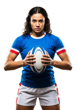 Determined Female Rugby Player Holding Ball with Focused Gaze on White Studio