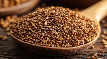 Close-up of a wooden spoon filled with healthy buckwheat groats displaying natural textures