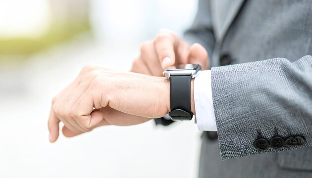 Businessman in Grey Suit Checks Smartwatch Notifications While Walking Outdoors - Powered by Adobe