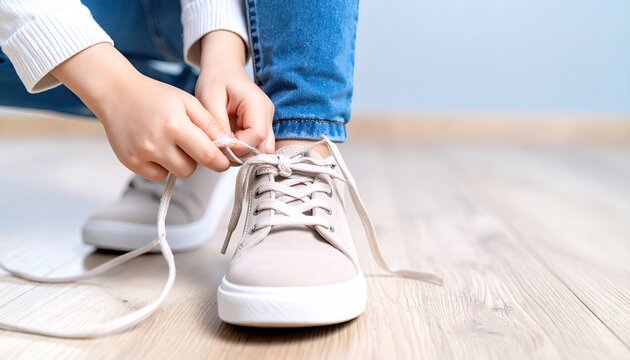 Child Tying Shoelaces On Beige Sneakers Over Wooden Floor With Hands In Close Up Shot - Powered by Adobe