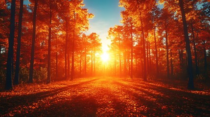 Obraz premium Autumn sunlight streams through a forest path.