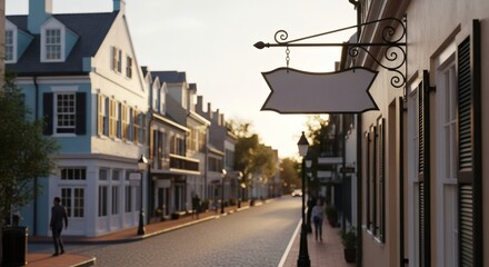 Fototapeta premium charming historic street with blank sign at sunset