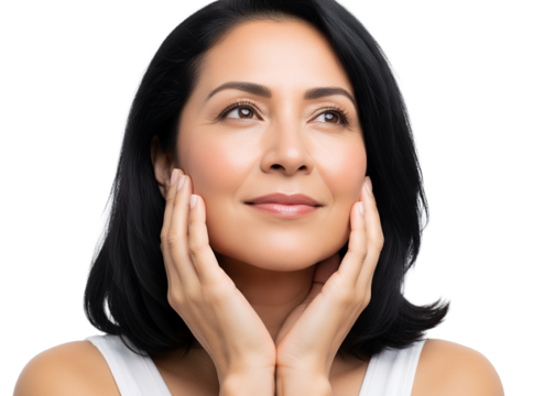 Radiant mature woman with dark hair touching her glowing skin, looking up thoughtfully