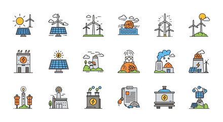 Obraz premium Vector Icons Set of Colorful line art icon set for energy generation featuring renewable and industrial power sources. EPS Editable