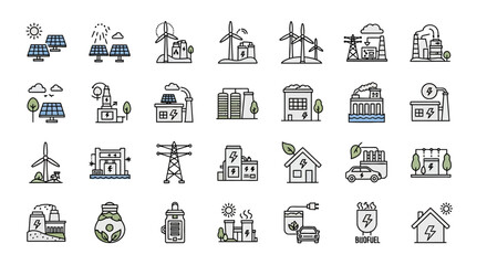 Vector Icons Set of Colorful line art icon set for renewable energy power plants and environmental technology. EPS Editable