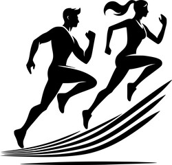 Running man and woman, isolated vector silhouettes. Run, side view. Silhouettes of athletic looking male and female runners running. EPS version.