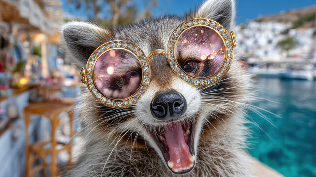 Happy raccoon in a seaside bar, on vacation