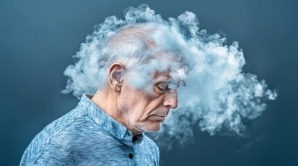 Old man with cloud over his head - symbol of brain fog, cognitive decline, problems with memory