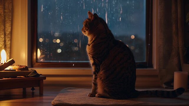A cozy tabby cat peacefully watches the rain fall against a window with blurred city lights in the background