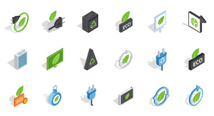 Vector Icons Set of Set of isometric icons for ecology green energy and recycling concepts Colorful vector illustrations for sustainability and environmental themes. EPS Editable