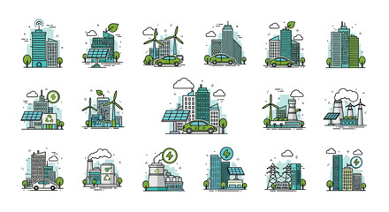 Vector Icons Set of Set of green energy and smart city line icons Ecofriendly urban infrastructure with solar panels wind turbines and electric cars. EPS Editable