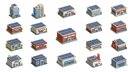 Vector Icons Set of Set of isometric commercial industrial and office buildings with blue solar panels on their rooftops. EPS Editable