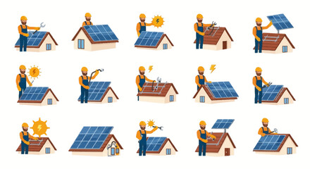 Vector Icons Set of Set of illustrations showing a technician in a hard hat and overalls installing solar panels on a residential house roof depicting various stages of the process. EPS Editable