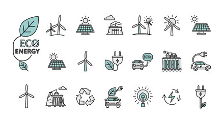 Vector Icons Set of Set of ecofriendly energy and sustainability line icons with teal color accents Includes wind turbines solar panels and electric cars. EPS Editable