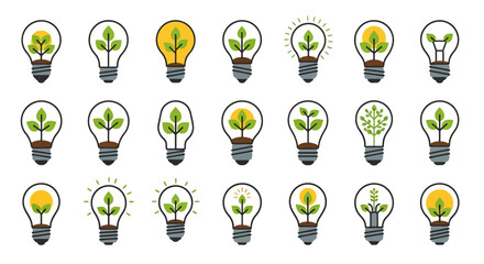 Vector Icons Set of Set of ecofriendly lightbulb icons with green plants symbolizing sustainable energy and innovation. EPS Editable