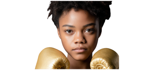 Portrait of a Confident African American Woman Boxer with Golden Boxing Gloves on White