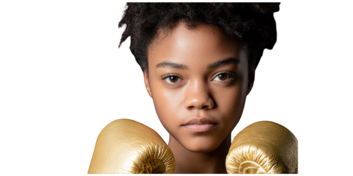 Portrait of a Confident African American Woman Boxer with Golden Boxing Gloves on White