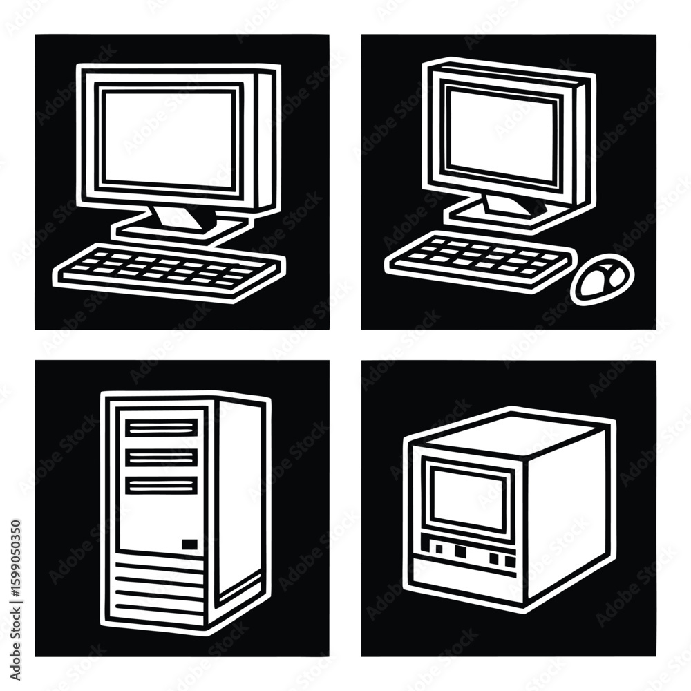 Fototapete four white outline computer icons on black background desktop computer keyboard
