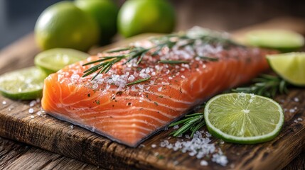 Fresh salmon fillet, seasoned with salt and herbs, sits on a wooden cutting board with limes