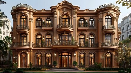 Elegant, ornate building facade with detailed architecture.