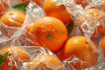 close up of vibrant fresh oranges wrapped in transparent crinkled plastic for packaging and food market design