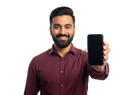 Smiling Indian man holding a modern smartphone with a blank screen on a clean white display