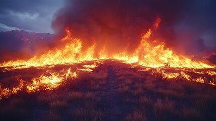 Naklejka premium Wildfire engulfs a field at twilight.