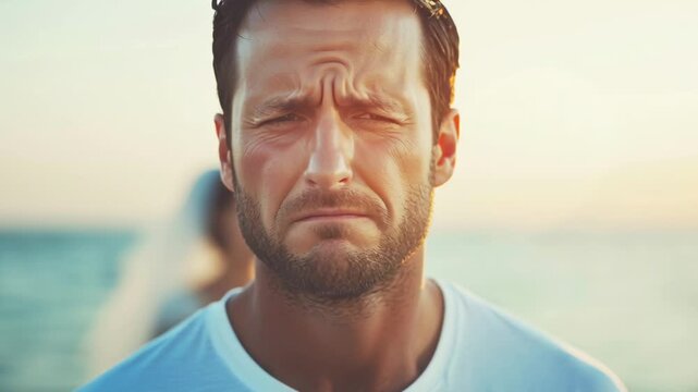 A man expresses deep emotion as he stands at the beach, watching his bride in the distance during their wedding ceremony at sunset.
