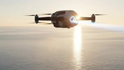 Aerial drone with cloud computing sending data stream over ocean at sunset. Technology concept, data transfer, future. - Powered by Adobe