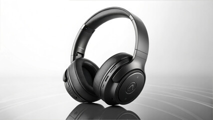 Sleek black over-ear headphones with noise-canceling technology presented on a reflective surface