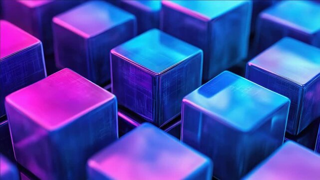 Collection of cubes in neon magenta and white colors, forming a grid pattern with repetitive textures.