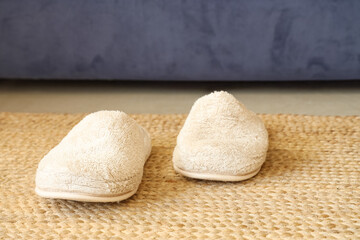 Pair of comfortable slippers on carpet in living room. Closeup