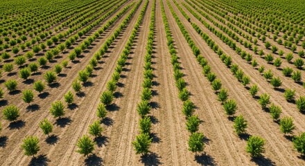 Aerial View of Neatly Planted Rows of Green Shrubs in Agricultural Field Under Bright Sunshine