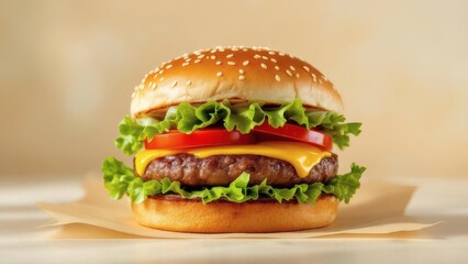 Appetizing Close Up of Delicious Classic Cheeseburger on Neutral Background