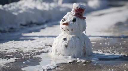 Melting snowman with red hat and carrot nose on sunny winter day