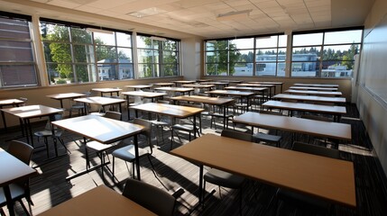 modern classroom with neat desk rows and daylight from large windows
