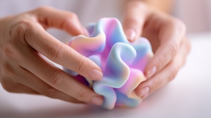 hands squeezing colorful squishy stress toy with soft gel texture closeup