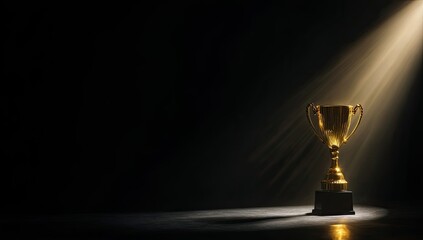 Golden trophy under spotlight against dark backdrop symbolizes victory and accomplishment