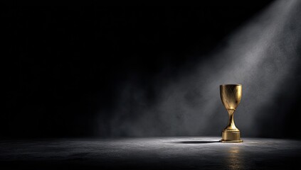 Golden trophy stands on concrete, spotlight shining, set against dark backdrop with smoke