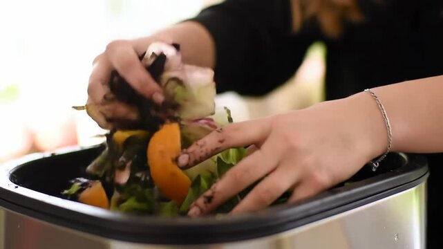 Hands placing organic food scraps into compost bin for recycling