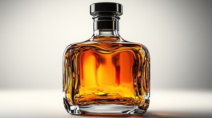 Elegant square glass bottle of amber whiskey on a neutral background studio shot
