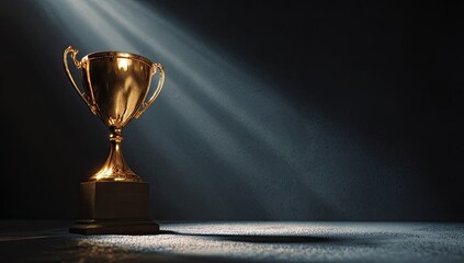 A gleaming golden trophy sits bathed in ethereal light against a dark background