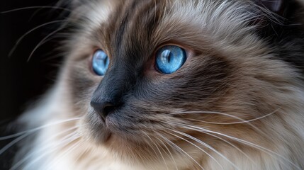 ragdoll cat with soft colorpoint fur and blue eyes in natural light