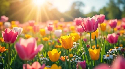 Fototapete Pflegezentrum Vibrant tulip field bathed in golden sunlight on a spring day  © Md Mizanur
