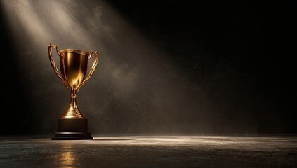 Golden trophy bathed in spotlight shines on a dark, textured surface, symbolizing victory